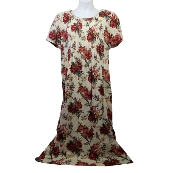 Jessica Howard 16 Yellow Red Floral Linen House Dress Modest Smocked Slits - Picture 1 of 5